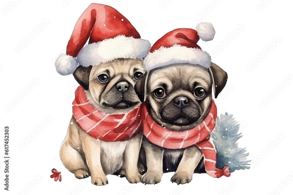 Watercolor Christmas cute couple of puppies on white background isolated PNG