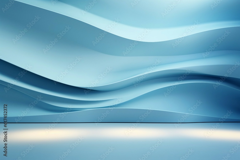 ペーパークラフト風背景。水色の波模様の壁と床がある抽象的な空間。AI生成画像