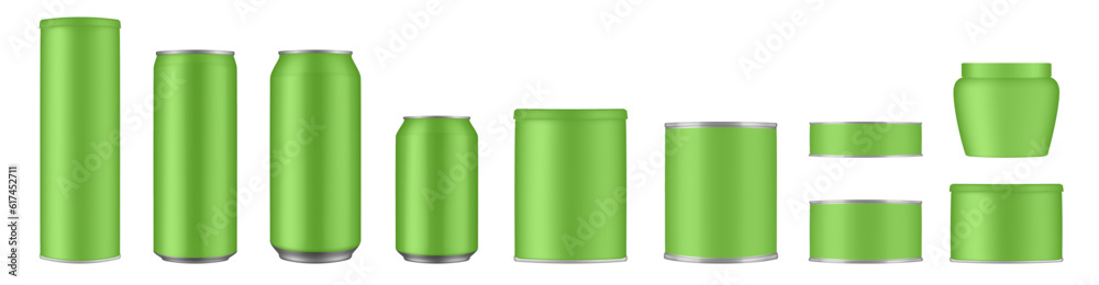 Set of green tin cans and jars. Coffee or tea canister. Tin can for preserves or pet food. Beer, cocktail or soda can. Chips tube. Cookie jar. Round box for sugar or flour