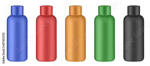 Set of cosmetic bottles. Gold, green, black, red and blue bottles. Hair dye, oxydant cream, shampoo, shower gel or body lotion