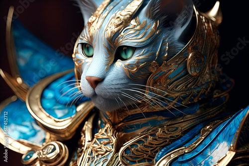 White cat in golden armor. Generative AI