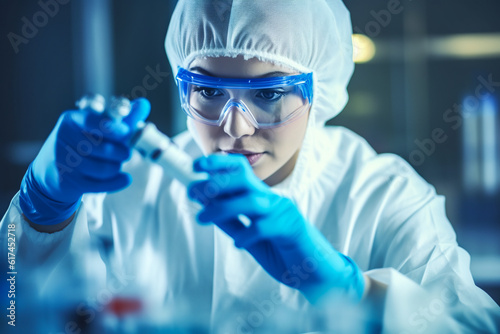 Generative AI illustration of crop concentrated female chemist in protective uniform, gloves and goggles checking test tube during experiment in modern laboratory photo