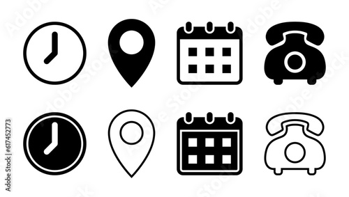 Time, location, date, and contact us icon set collection. Clock, address, calendar, and telephone sign symbol. Vector Illustration