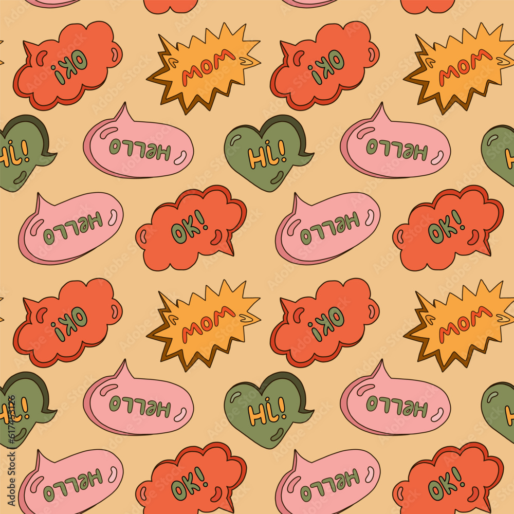 Cute seamless pattern with speech bubbles with short messages. Backdrop with doodle chat clouds with handwritten talk phrases in different shapes. Background for teen design template in groovy style