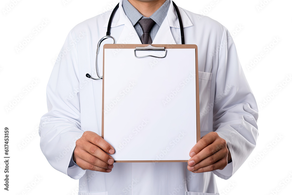 Doctor holding a clipboard with blank white paper, Generative AI Doctor holding a clipboard with blank white paper, Generative AI