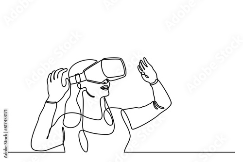 Woman wearing virtual reality glasses device. Metaverse concept. Continuous line. Hand drawn. One line. line art. Logo design. Vector