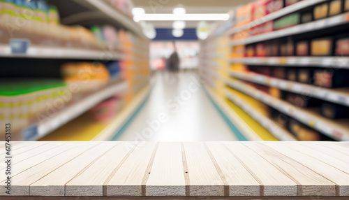 wooden table with supermarket blur background
