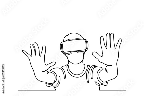 People wearing virtual reality glasses device. Metaverse concept. Continuous line. Hand drawn. One line. line art. Logo design. Vector. illustration