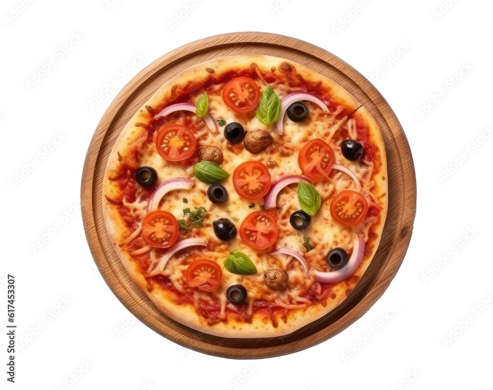 Pizza on wooden cutting board transparent on transparent background, top view, Generative AI