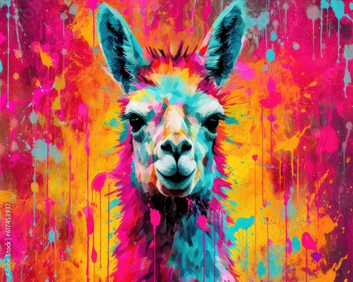 llama  form and spirit through an abstract lens. dynamic and expressive lama print by using bold brushstrokes, splatters, and drips of paint. llama raw power and untamed energy © PinkiePie