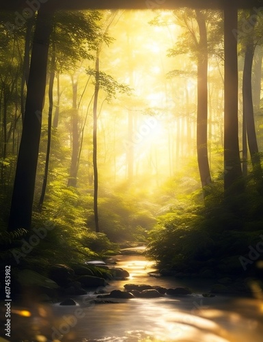 the serenity of a lush forest during sunrise