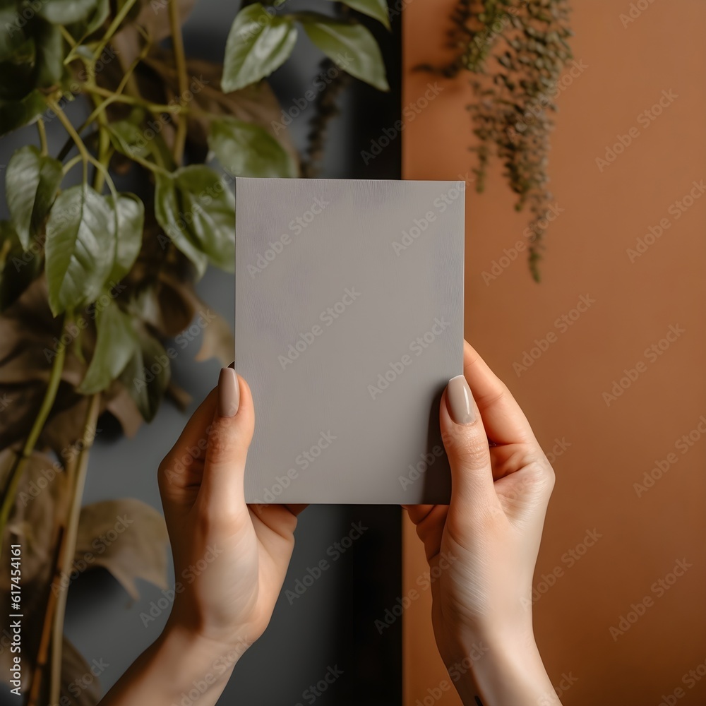 Hands of a woman holding a blank A5 mockup grey card in vertical position. A5 card, blank, invitation, woman, elegant, grey. Created with Generative AI Technology. Hands of a woman holding a blank A5 mockup grey card in vertical position. A5 card, blank, invitation, woman, elegant, grey. Created with Generative AI Technology.
