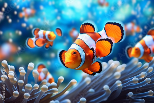 Fototapeta Clown anemonefish swimming in the sea. 3d rendering