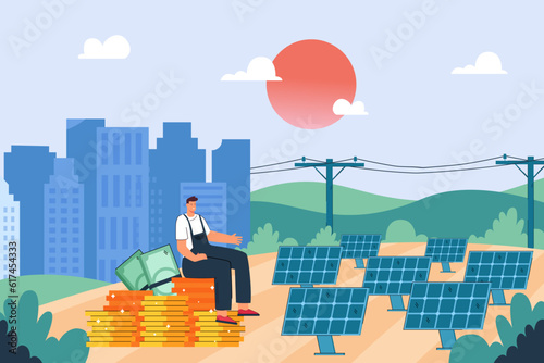 Happy man investing money in solar energy vector illustration. Eco-friendly solar power panels near city as alternative energy sources and piles of coins. Climate change, ecology concept