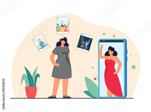 Sad girl with messy hair jealous of models vector illustration. Pretty photos with face filters creating unrealistic beauty standards for women. Harm of filters, social media concept