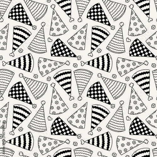 Cute seamless pattern with birthday party hats in doodle outline style. Childish design with holiday caps for wrapping paper, prints, background, fabric, scrapbook. Holiday digital paper for kids