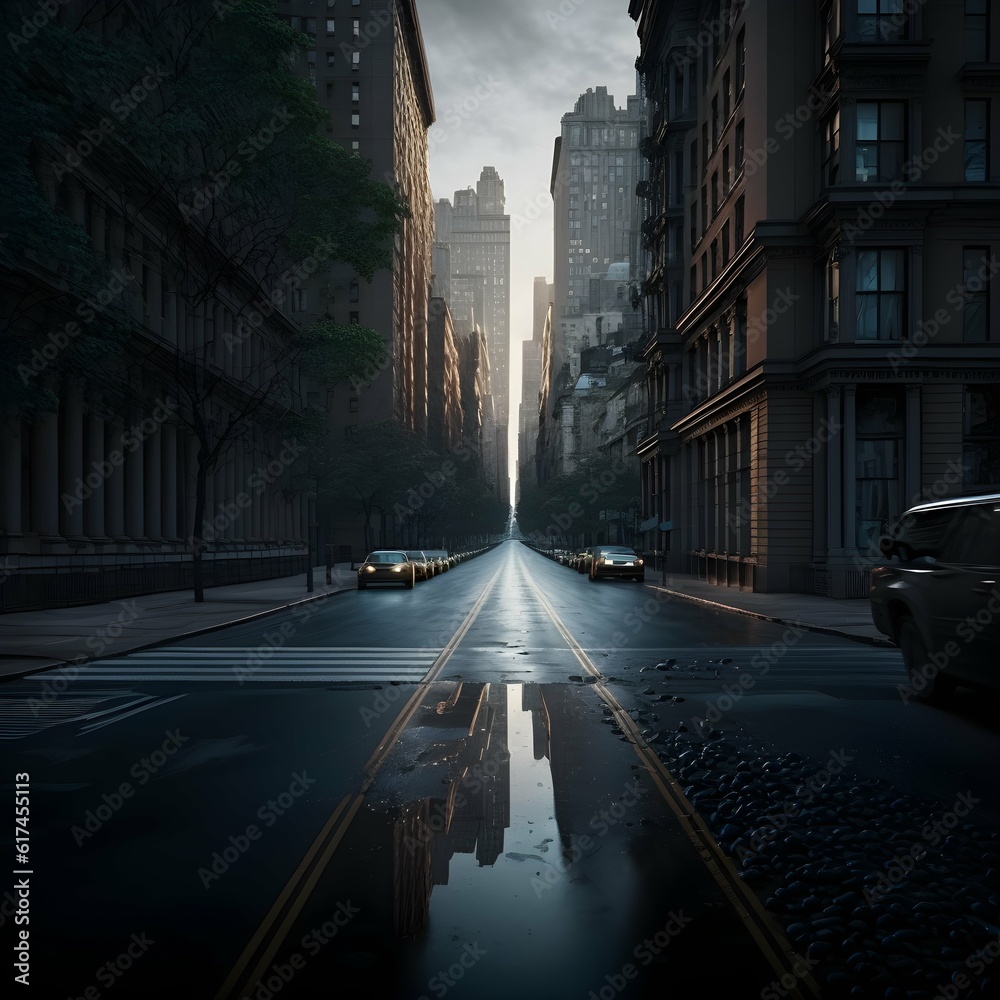empty street in the middle of a big city no cars with buildings and trees hyperrealistic fashion photography advertising photography cinematic lighting 