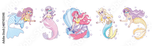 Set Vector Cartoon Mermaid Character isolated illustration