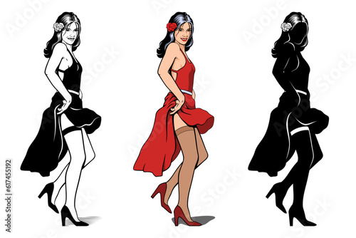 Spanish Dancer Woman Character. Sexy Girl Dancing. Outline, Color and Silhouette versions. Vector cliparts isolated on white.