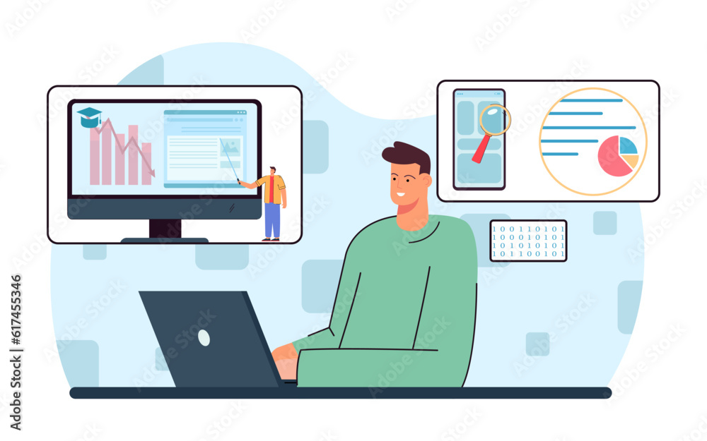 Man analyzing data and managing budget vector illustration. Drawing of business training process, financial information analysis, website for computer, mobile. Finances, business, statistics concept