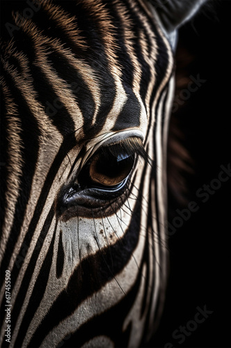 Macro photo of zebra face.Beautiful eye.Created with generative ai