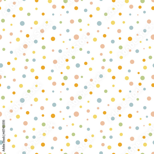 Colorful dots seamless pattern. Simple green, blue and yellow small circless background. Vector illustration.