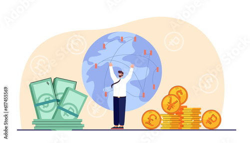 Tiny businessman with huge banknotes, coins and globe. Currencies of different countries of world, money exchange vector illustration. Finances, budget, business, trade concept