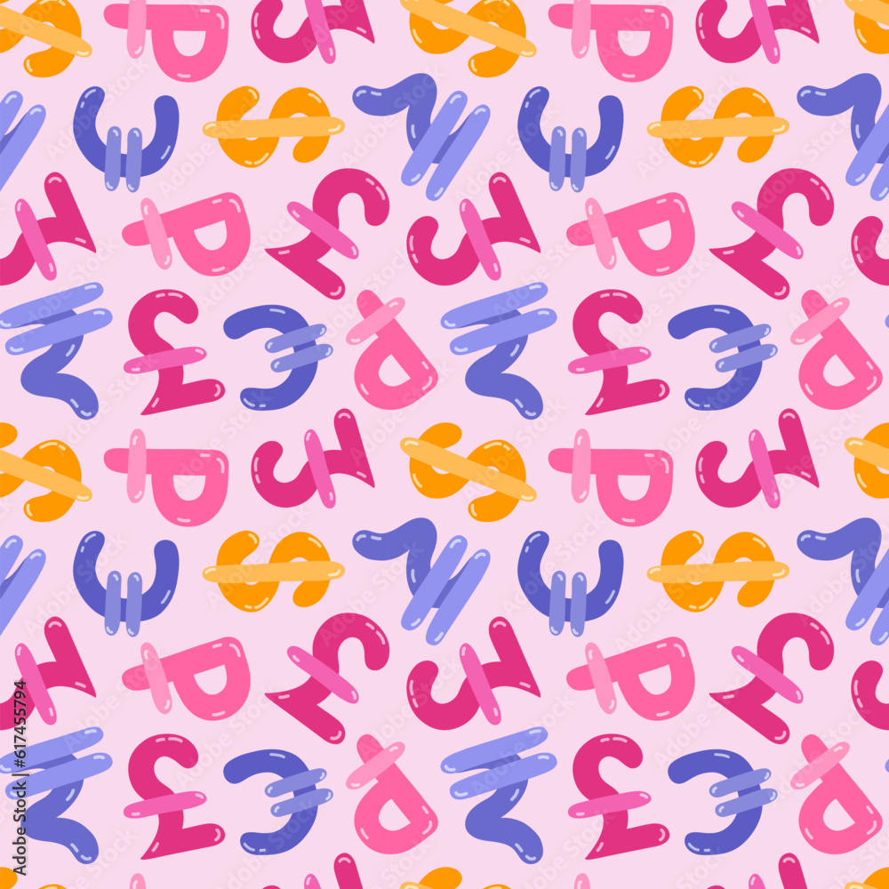 Playful simple seamless pattern with different international currency symbols. Bright background with hand drawn doodle of money signs in naive style for wrapping paper, background, fabric, scrapbook