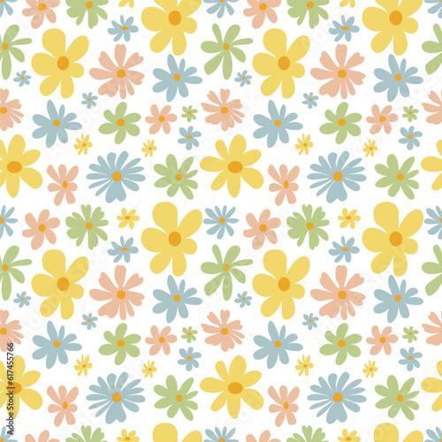 Colorful primitive flowers seamless pattern, boho floral background. Simple botanical vector illustration.