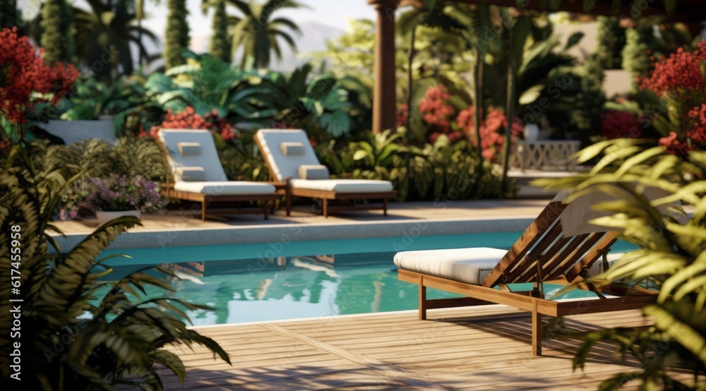Fototapeta premium A pool with stylish furniture, decorative plants, and a well-maintained surrounding area, demonstrating an inviting and aesthetically pleasing poolside atmosphere. Generative Ai