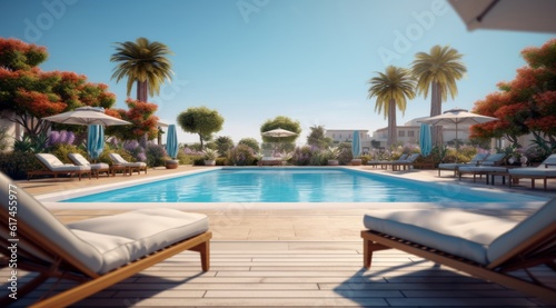 A pool with stylish furniture, decorative plants, and a well-maintained surrounding area, demonstrating an inviting and aesthetically pleasing poolside atmosphere. Generative Ai