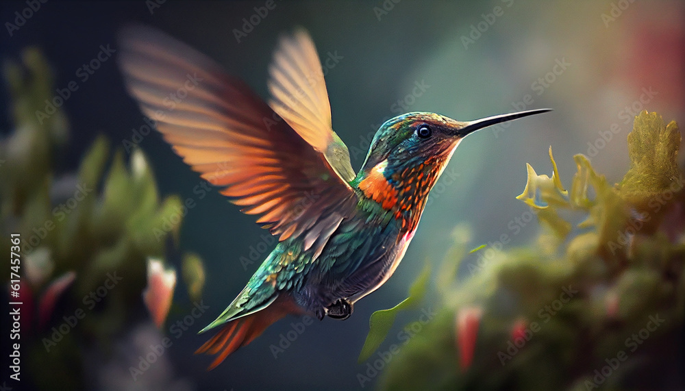 Fototapeta premium Flying hummingbird with green forest in background. Small colorful bird in flight Ai generated image