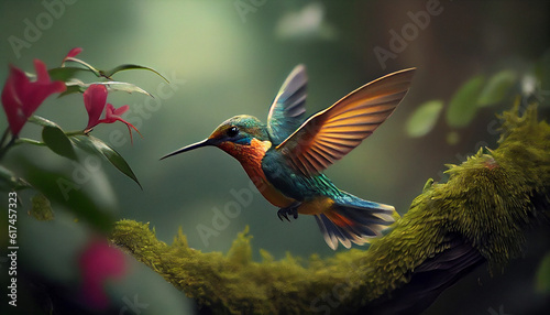 Flying hummingbird with green forest in background. Small colorful bird in flight Ai generated image
