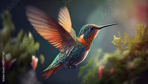 Flying hummingbird with green forest in background. Small colorful bird in flight Ai generated image