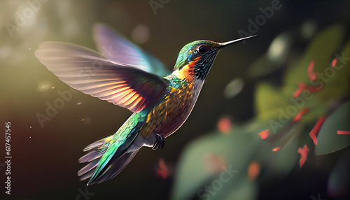 Flying hummingbird with green forest in background. Small colorful bird in flight Ai generated image © TrendyImages