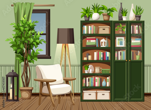 Living room interior design with green walls, green bookcases, a white armchair, a floor lamp, a window, a big ficus tree, and houseplants. Cozy evening room interior design. Cartoon vector illustrati