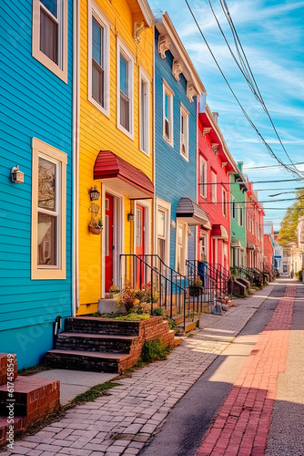 A colorful and vibrant street with row houses. Generative AI