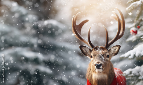 Reindeer in the winter forest with Christmas bokeh lights in the background. Magical festive close up of animal in snowy landscape. © All Creative Lines