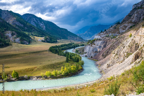 View of the Chuya river and Altai mountains. Altai Republic, Siberia, Russia.