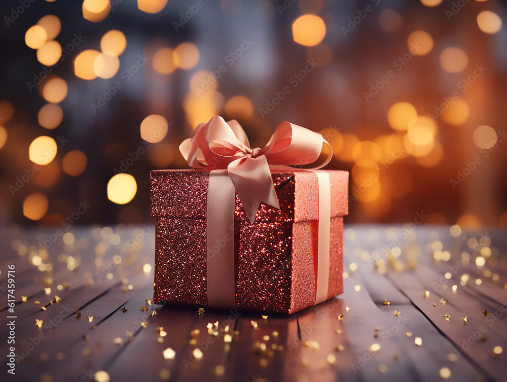 A gift with a big beautiful bow on a bright background with bokeh, A gift with a big beautiful bow on a bright background with bokeh,