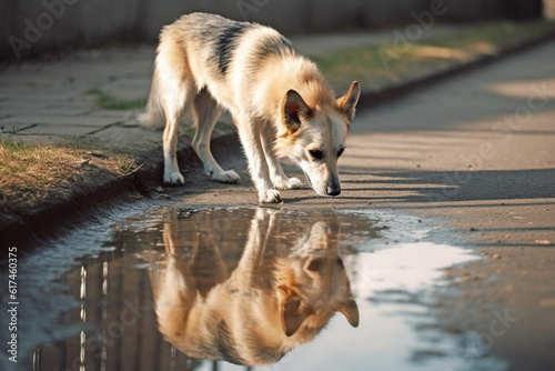 Dog drinking out of water puddle. Concept for Leptospirosis bacteria dange