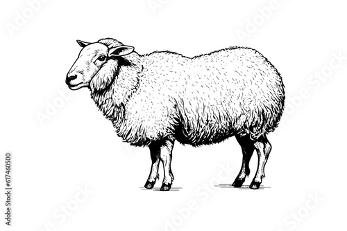 Cute sheep or lamb engraving style vector illustration.  Realistic image