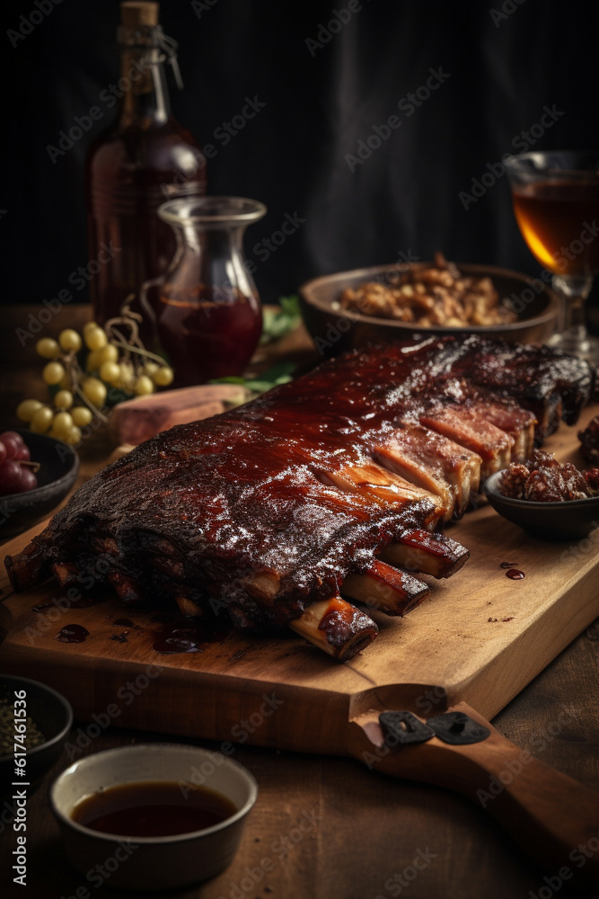 Barbecue grilled pork ribs served on wooden board. Copy space on dark background