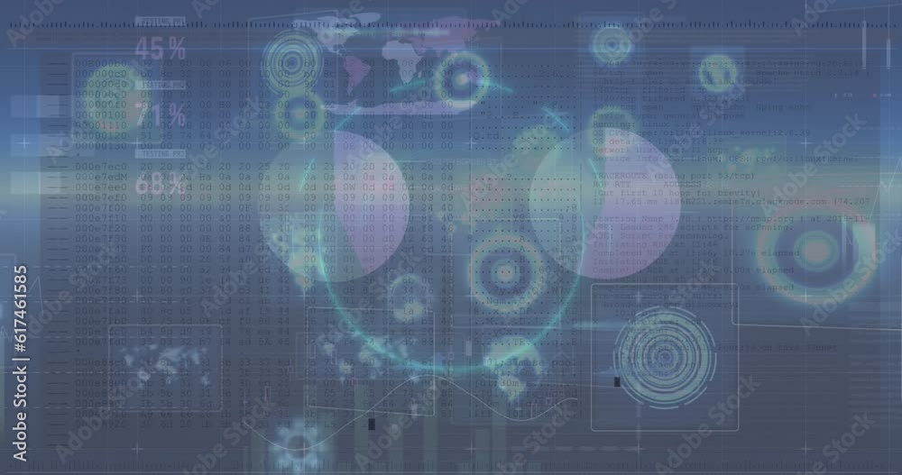 Animation of circle over infographic interface against radars, circles, globes and map Animation of circle over infographic interface against radars, circles, globes and map