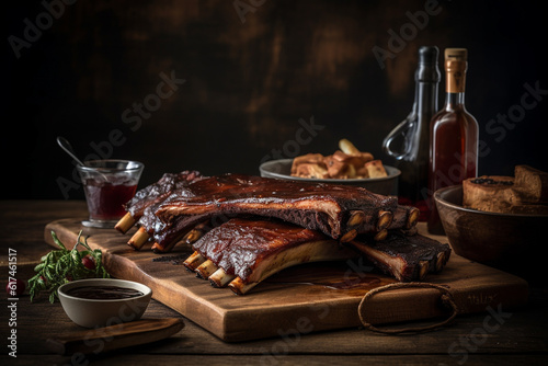 Barbecue grilled pork ribs served on wooden board. Copy space on dark background. Generative AI