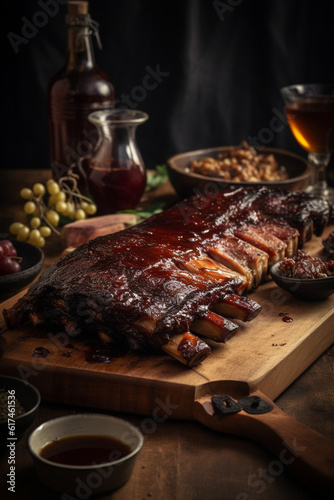 Barbecue grilled pork ribs served on wooden board. Copy space on dark background