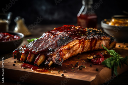 Fotografiet Barbecue grilled pork ribs served on wooden board