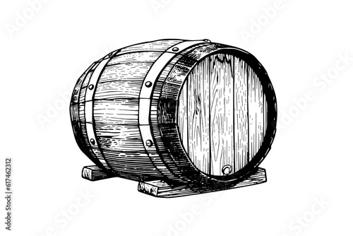 Fototapete Oak wooden barrel hand drawn sketch engraving style vector illustration