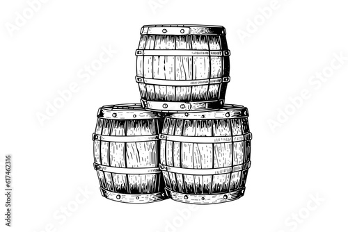 Oak wooden barrel hand drawn sketch engraving style vector illustration