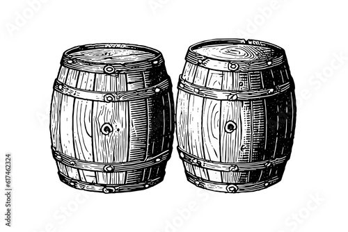 Oak wooden barrel hand drawn sketch engraving style vector illustration